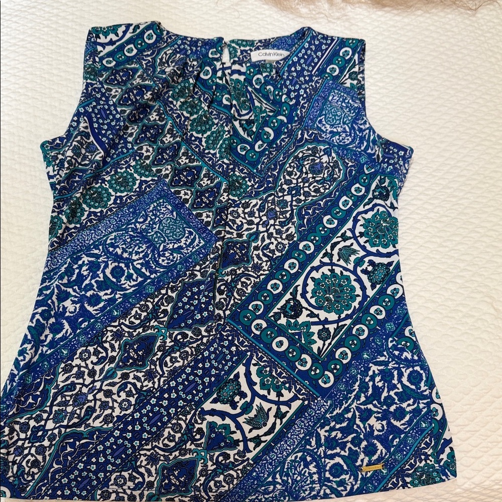 Calvin Klein Blue and Green Patterned Blouse